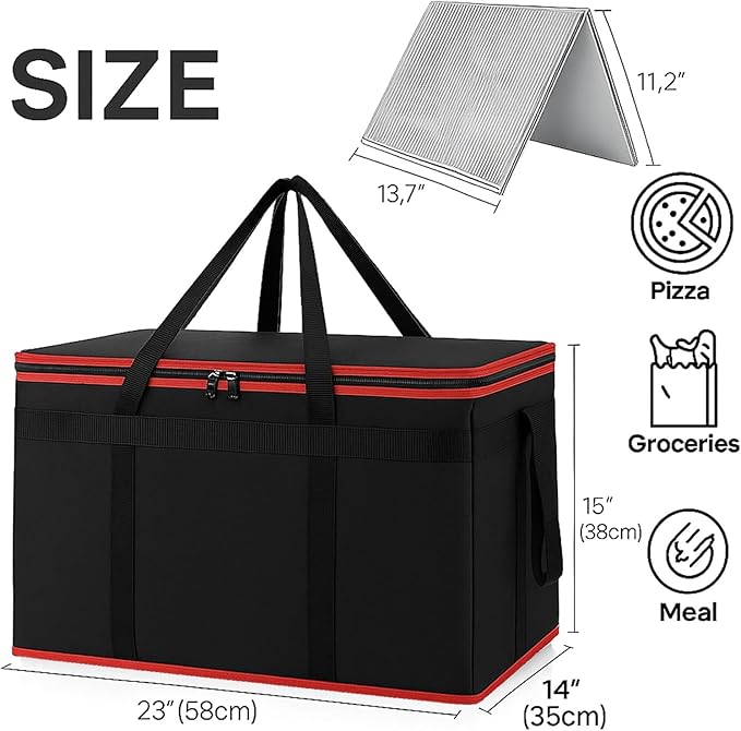 Cooler Insulated Food Delivery Bag & Drink Carrier with Hard Bottom, XXX-Large Pizza Bags for Doordash/Uber Eats, Grocery Catering Travel Thermal Frozen Carrier, Cold Warmer Accessories for Door Dash