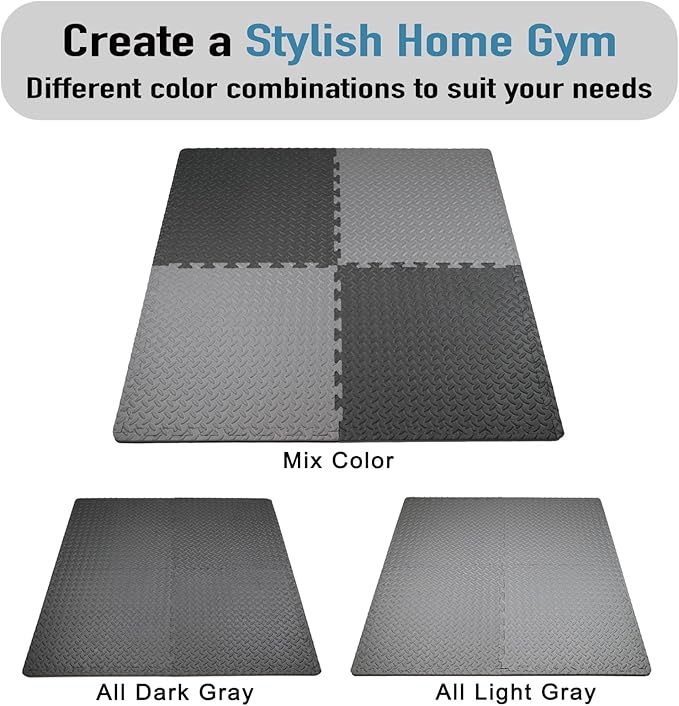 AIRHOP Upgraded 0.79" Extra Thick 48 Sq Ft High-Density Eva Foam Exercise Gym Mats, 12 Pcs Large Interlocking Puzzle Floor Tiles (24"x24") for Home Gym, Black&Gray