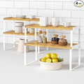 Kitchen Cabinet Organizer Shelf Set of 4, Large Stackable Pantry Cupboard Countertop Storage and Organizer, Desk Shelf Riser, Spice Plate Cup Expandable Storage Rack (Bamboo White)
