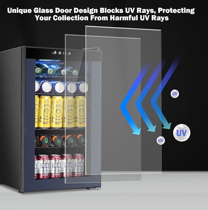 COWSAR Mini Fridge Cooler, 95 Can Beverage Refrigerator with Glass Door, ETL Approved Wine Fridge with Digital Temperature Control, LED Light for Home, Office, Bar, and Game Room - 2.6 Cu.Ft. Black