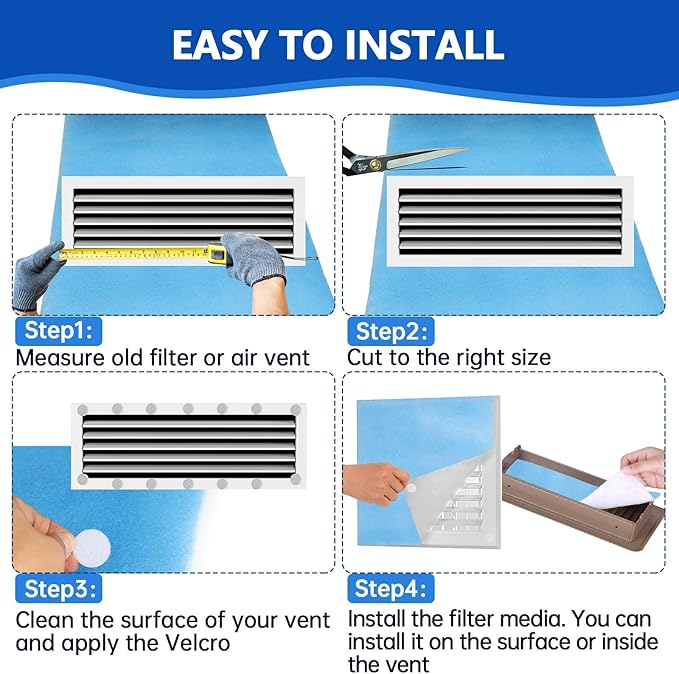 Air Vent Filters,14"x120"Cut to Fit Air Filter Material (70+Filters),MERV 8 Electrostatic Air Vent Filter for Home Floor, Grilles, Ceiling, HVAC Furnace Vents, With 48PCs Adhesive Hook Tape