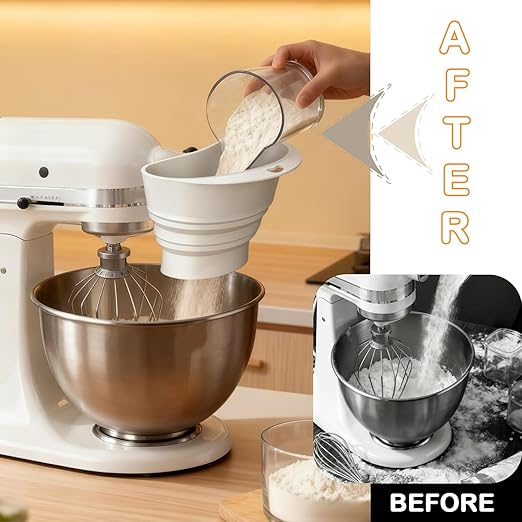 Silicone Foldable Flour Funnel for Kitchen Aid Mixer,Easy Pour No-Mess Attachment,Anti-Splash Accessory,Fits Tilt-Head 4.5–7 Qt (KSM151),Durable Dishwasher-Safe Baking Tool(White)