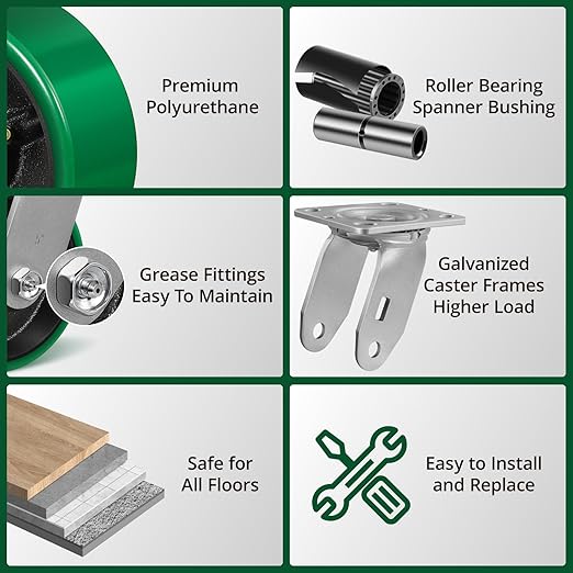 5"Caster Wheels, Heavy Duty Caster with Strong Load-Bearing, Polyurethane Wheel on Steel Hub, Supports 1000 lbs Each(1 Pack Brake)