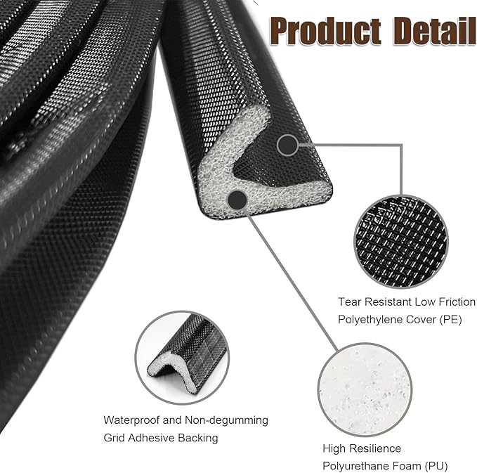19.6 FT Door Frame Adhesive Weather Stripping Seal Strip PU Foam, PE Cover, Groove Slot Installation for Large Gap, Sound Heat Insulation, Dust Water Moisture Prevention (19.6ft, Black，Adhesive)