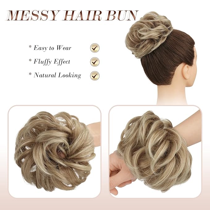 FESHFEN Large Messy Bun Hair Piece - Wavy Synthetic Chignon Scrunchies Elastic Ponytail Hair Extensions Thick Hairpieces for Women, Mixed Blonde and Ash Blonde Tips 1.94oz