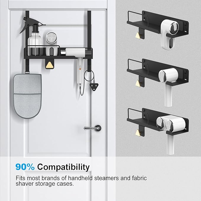Handheld Garment Steamer Stand with Ironing Gloves Universal Organizer Wall Mounted/Over the Door Free-Standing Metal Holder Bathroom Storage DIY Cabinet Door Heat Safe Rack (Black)