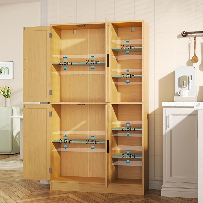 63" Tall Oak Kitchen Pantry, Freestanding Storage Cabinet with 4 Doors, Adjustable Shelves for Dining Room, Laundry Room