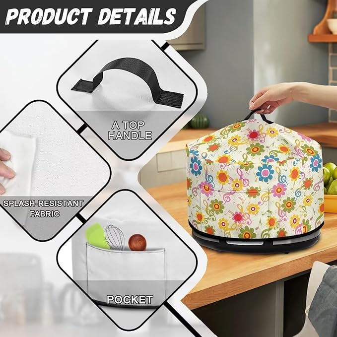 Colorful Sunflower Musical Note Print Slow Cooker Dust Cover Protective with Accessory Pocket Stain Resistant Slow Cooker Cover Easy to Clean Fits for Most 6/7/8 Quart Crock Pot
