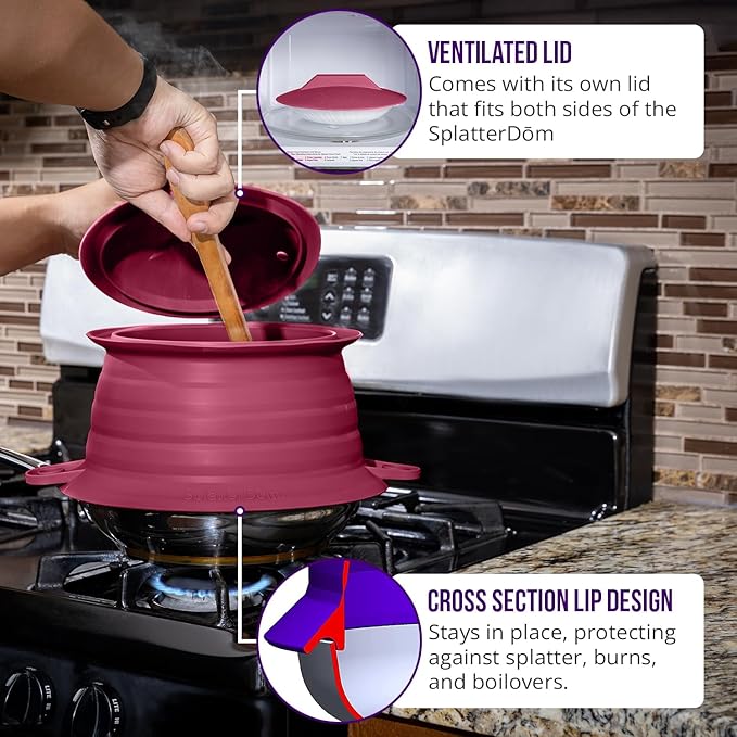 L.I.Q Silicone Splatter Guard – Fits 10 and 12 Inch Pots (25 and 30 Centimeters) – Microwave Safe and Durable SplatterDom - Includes 10” Lid - Food and Oil Splash Guard (Bordeaux, Large)