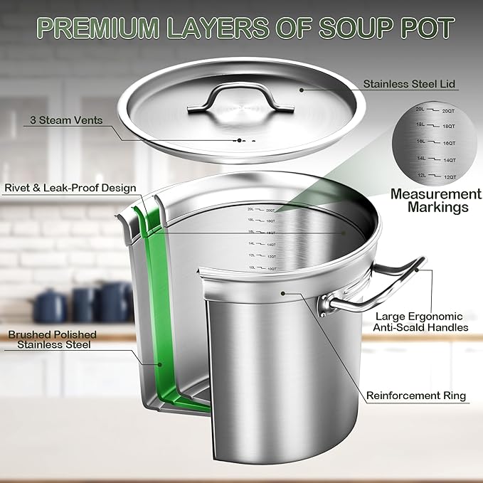 Large Stock Pot-20QT Stainless Steel Stockpot with Lid, Heavy Duty Tri-Ply Bottom Commercial Grade Stock Pot & Stockpots for Boiling Cooking Soup Stew Canning Cooking Pots,Big Stockpot, Deep Cookware