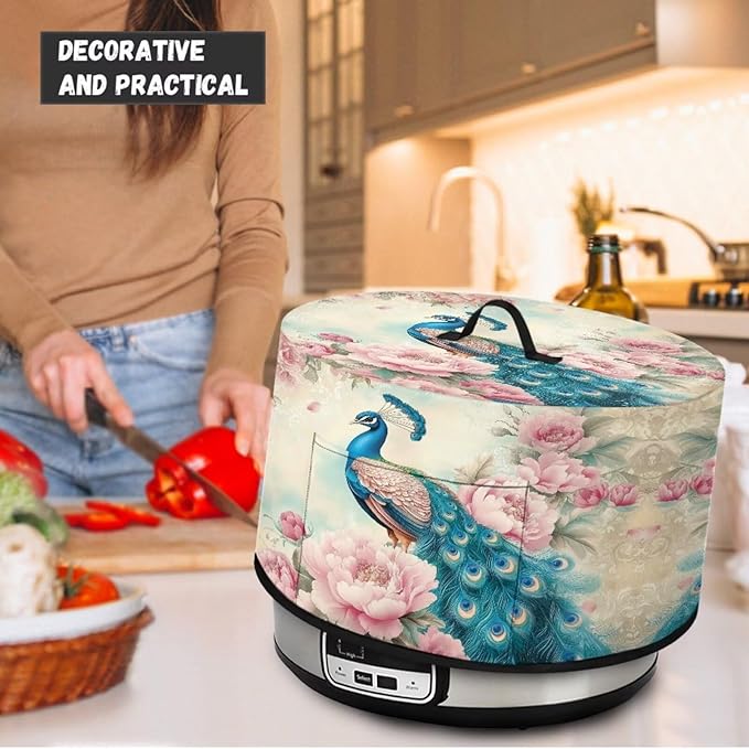 Peacock Peony Flower Vintage Print Slow Cooker Dust Cover with Storage Pocket and Handle Easy to Use Kitchen Appliances Accessory Rice Cooker Cover Fit Most 6/7/8 Quart Air Fryer