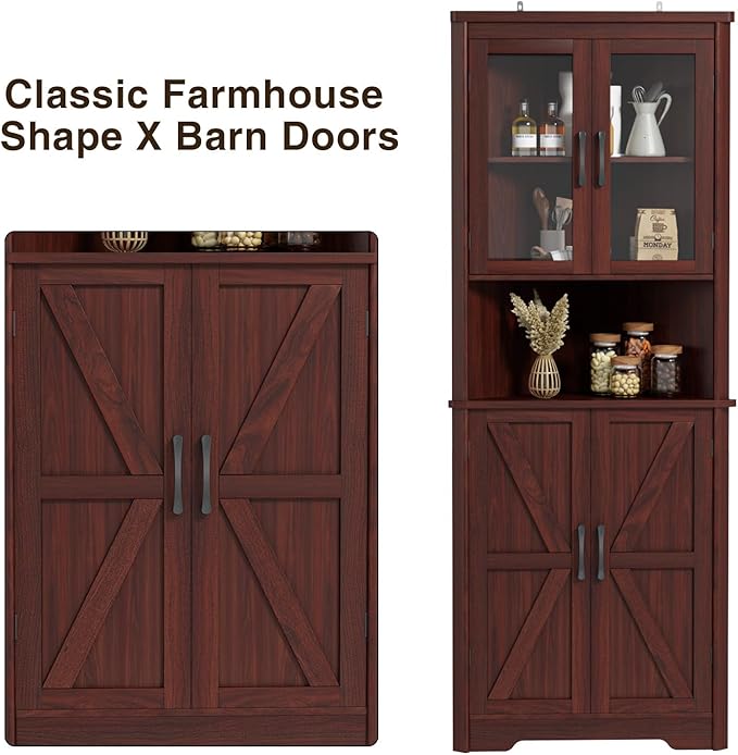 67''H Dark Brown Tall Corner Storage Cabinet with 4 Tempered Glass Doors and Barn Doors, Home Space Saver Decoration Farmhouse Cabinet with 5 Adjustable Shelves for Kitchen, Living Room