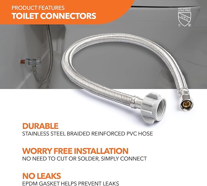 Stainless Steel Braided Water Connectors with Reinforced PVC Inner Hose for Toilets, 3/8" Compression x 7/8" Ballcock, 20" Length (5Pack)
