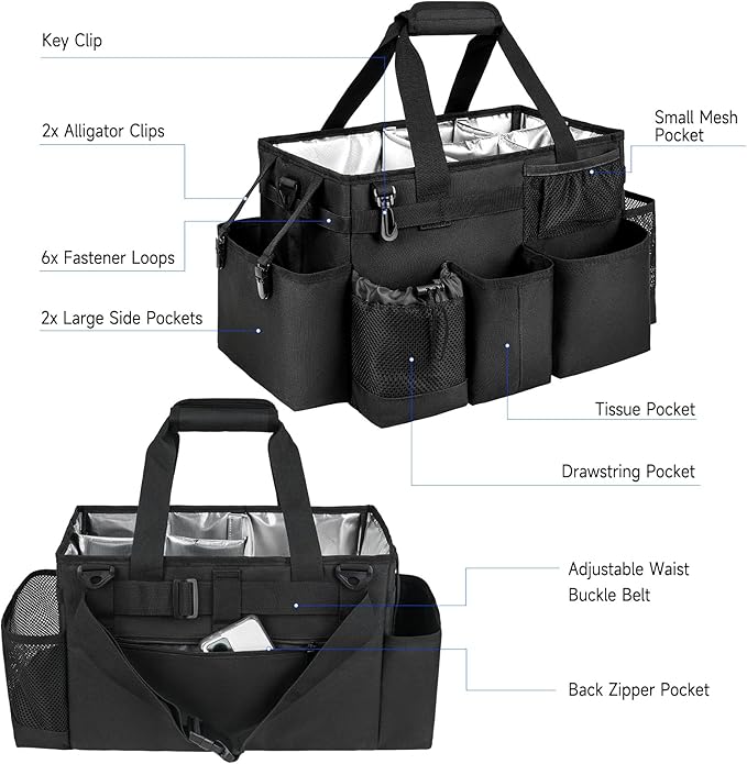 Cleaning Caddy Bag, Large Cleaning Supplies Organizer for Housekeepers, Housekeeping Caddy with Handle and Detachable Padded Cushion, Black