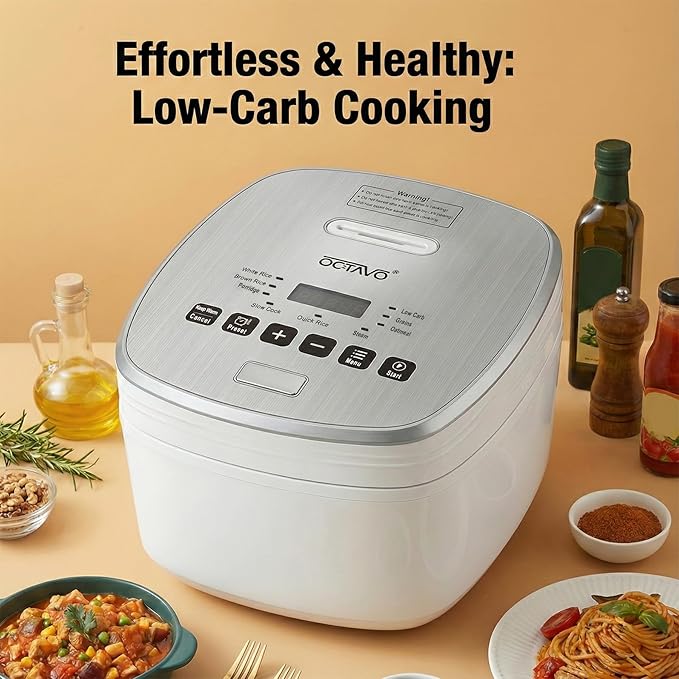 OCTAVO Low Carb Rice Cooker, 5-Cup Uncooked Stainless Steel Inner Pot, Low Sugar Rice Maker with 24H Timer and Auto Keep Warm, Small Rice Maker LED Display, White Rice/Brown Rice/Grains/Oatmeal