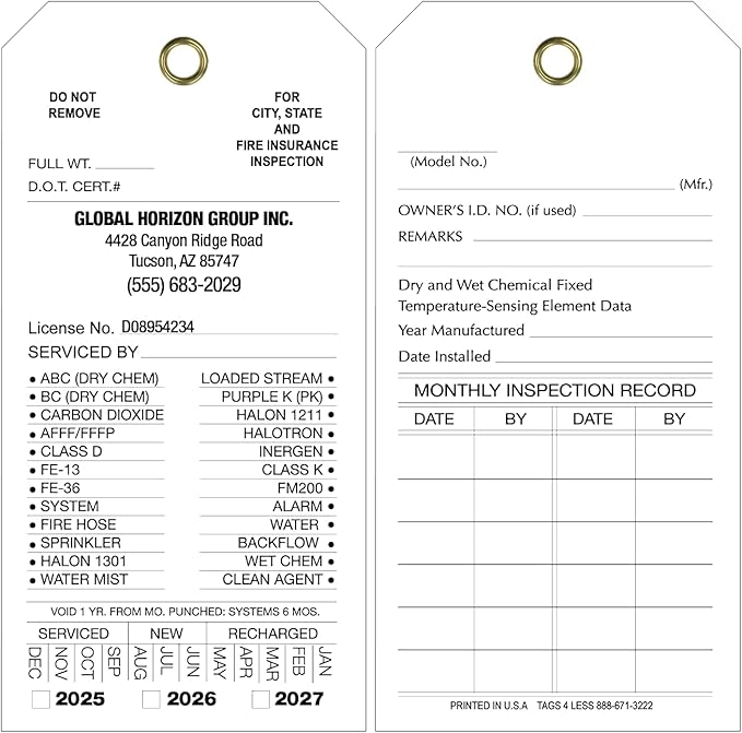 Tags 4 Less Custom Fire Extinguisher Tags – Preventative Maintenance Labels for Monthly Inspections, Alternative to Safety Sticker for Easy Record-Keeping – Pack of 100 (White, Vinyl Plastic)