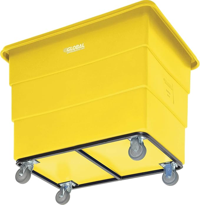 Global Industrial 16 Bushel Plastic Bulk Box Truck, Steel Chassis Base, 1000 lbs. Capacity, 4" Non-Maring Rubber Casters, Yellow, 42-3/5"L x 30" W x 35-3/5"H