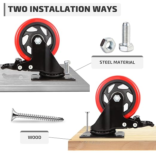 Nefish 4 Inch Industrial Caster Wheels with Brake, Casters Set of 4 Heavy Duty Grade Casters, Non-Marking Polyurethane Wheels, Workbench 1800 Lbs for Cart, Furniture, Shelving (LJ-PC-4IN)