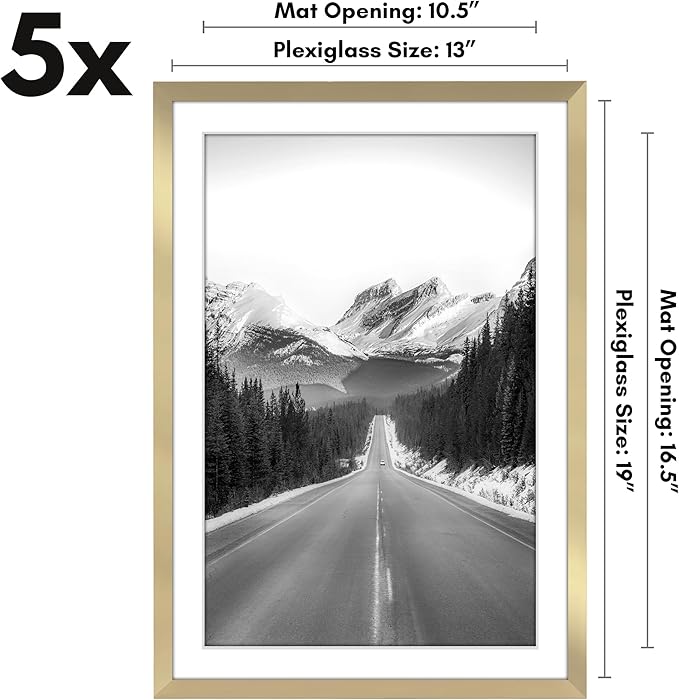 Americanflat 13x19 Picture Frame with Polished Plexiglass - Set of 5 - Use as 11x17 Frame with Mat or Display 13x19 Photo Without Mat - Galleria Collection - Picture Frames for Wall Display - Gold