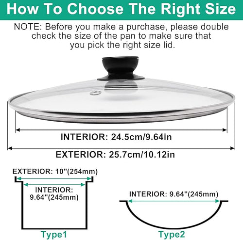 10 Inch Pan Lid, Round Tempered Glass Lid, Universal Pot Lids with Heat Resistant Handle, Replacement Pan Cover for Pans and Skillets, Dishwasher Safe