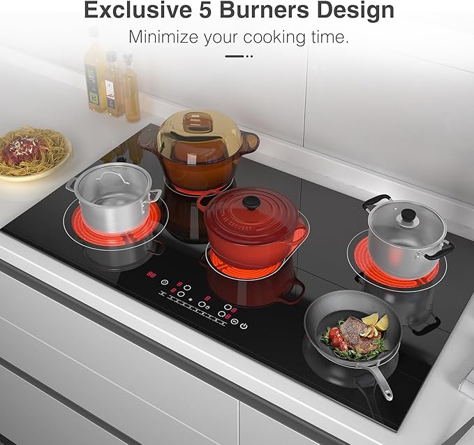 VBGK Electric cooktop 36 inch,Electric Stove burner,Built-in and Countertop Stove Top, LED Touch Screen,9 Heating Level, Timer & Kid Safety Lock, Touch Control,240V 8600W Cooktop