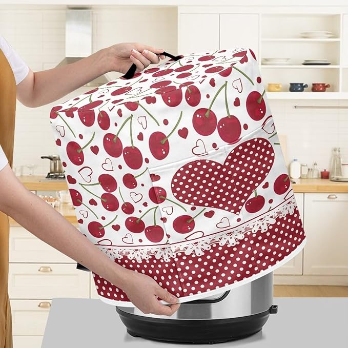 TODIYADDU Red Love Heart Air Fryer Cover for 6 Quart Instant Pot Cherry Fruit Print Kitchen Appliance Dust Cover with Pocket Lightweight Round Protective Cover for Rice Cooker Coffee Maker