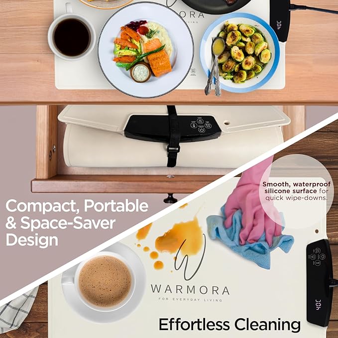 Food Warming Mat - 9 Temp Settings, Rapid Full Surface Heating, Child-Lock, 2-12H Timer, Auto Off, Dual Display - Perfect for Parties, Buffets, Everyday Use - Eco-Friendly Tray (Cream)