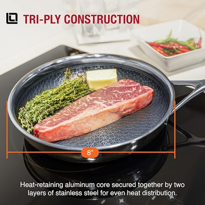LIVWELL DiamondClad 10-Inch Hybrid Nonstick Fry Pan - Kitchen Gift - Frying Pan Stainless Steel Cookware Set with Tempered Glass Lids - Dishwasher Safe, PFOA-free Cookware - Silver/Black