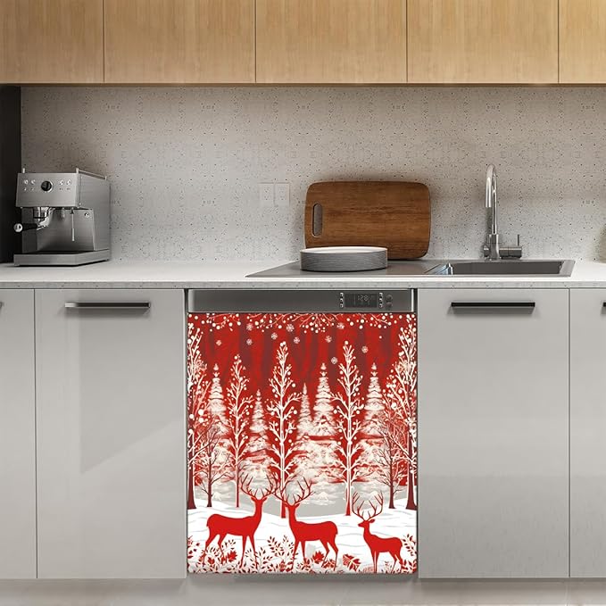 Christmas Forest Elk Dishwasher Magnet Cover, 23" W x 26" H Fridge Magnetic Stickers Reuseable Magnet Panel Decal Cover for Washing Machine Fridge Microwave Cabinet Kitchen Christmas Decoration