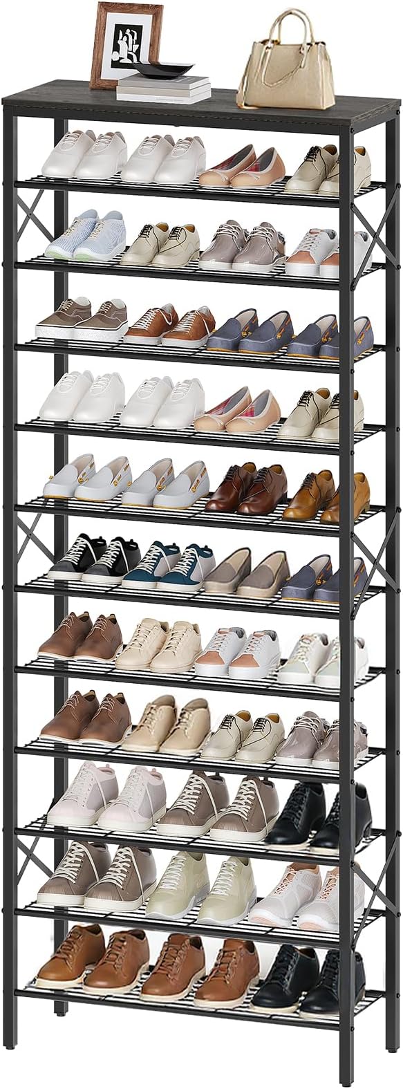 12 Tier Shoe Rack, Large Capacity Shoe Storage Organizer Holds 48 Pairs, Sturdy and Stable, for Entryway, Hallway, Closet, Dorm Room, Charcoal and Black SS12BC