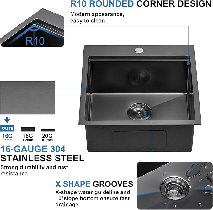 Scamall 21x20x10 Drop In Kitchen Sink Workstation, Nano Black 304 Stainless Steel Deep Single Bowl with Quick Drainage & Tarnish-Free Surface for Bar, Laundry, RV, Includes Accessories