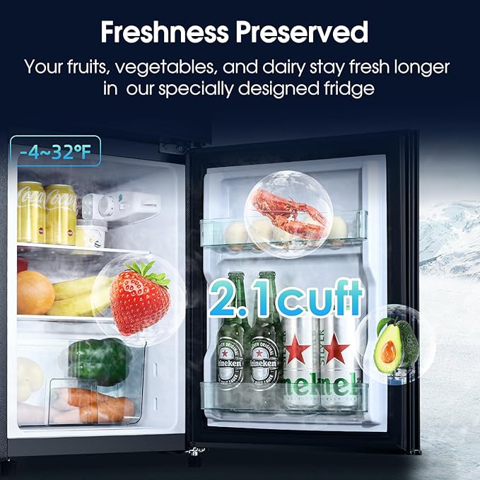 3.2 Cu.Ft Fridge with Freezer with 2 Doors, Refrigerator with 7 Level Temperatures, LED Light, Adjustable Shelves, Food Storage Cooling Drink for Bedroom, Office, Dorm, Apartment, Black
