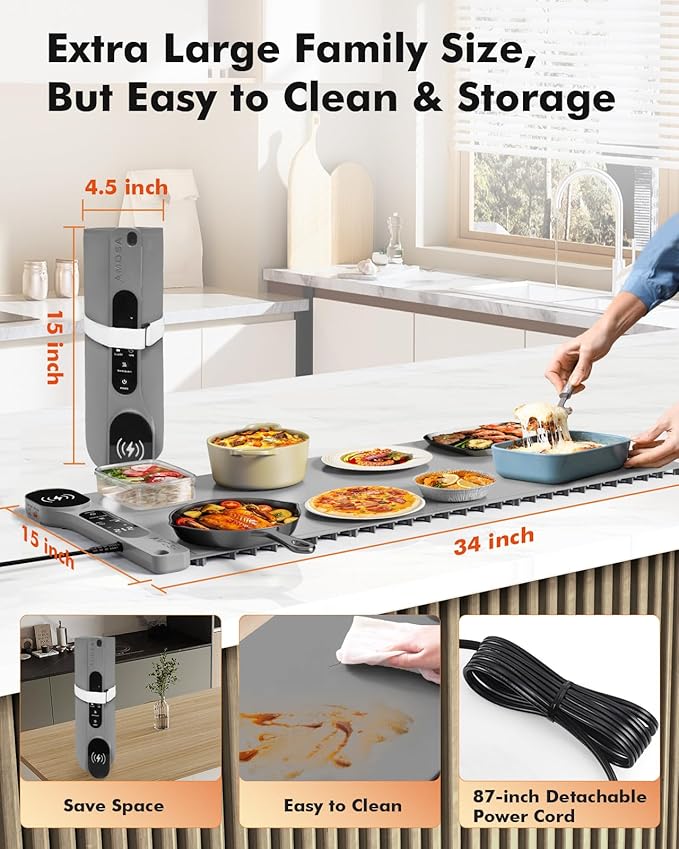 New Food Warming Mat with Wireless Charger, 34”x15” Extra Large Roll Up Food Warmer Fast Heating Mat for Food with 7 Level Temperature & 8 Hours Timer, Electric Warming Trays for Buffets Party (Grey)