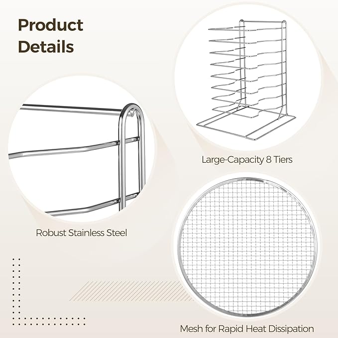 8 Tier Pizza Rack With 8 Perforated 12 Inch Perforated Pizza Pans with Holes, 16.7'' H x 12'' L x 12'' W Stainless Steel Pizza Pan Rack Holder for Buffet Table, Easy Storage Multiple Pizzas (8 Tier)