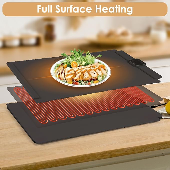 Food Warming Mat - 5 Temperature Settings, 4-Hour Timer, Child Lock, Flexible Silicone, Easy Clean, Multi-Use, Perfect for Home, Parties, and Picnics