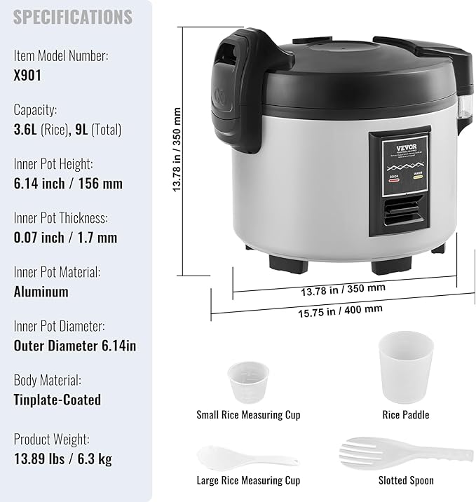 VEVOR Commercial Rice Cooker, 45-Cup Rice Cooker, 9.51 Qt / 9 Liter Large Rice Cooker and Warmer with Nonstick Inner Pot, Fast Cooking and 12-Hour Keep Warm, with Rice Cup and Paddle, for Restaurant