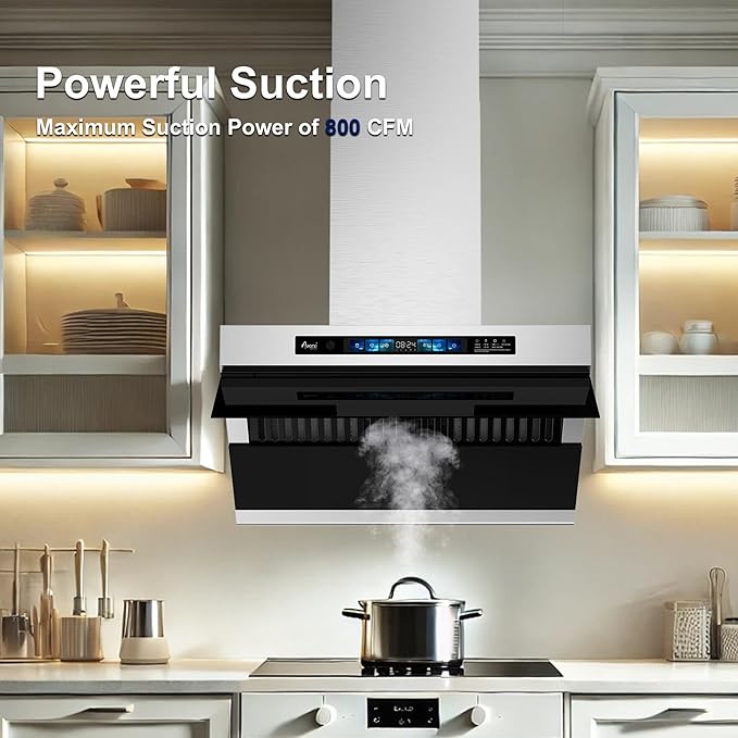 Awoco 30" Wall Mount Range Hood, Side-Draft Design, 4 Speeds Exhaust Fan with 800 CFM, Voice, Gesture, Touch & Remote Control, 6" Vent, Dimmable LED Light Bars, Adjustable Chimney up to 39"