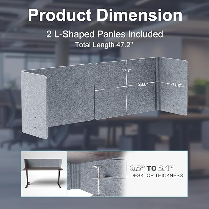 Desk Privacy Panel,2PCS L-Shaped Clamp-On Office Desk Divider,2-in-1 Adjustable Acoustic Desktop Partition Or Under Desk Modesty Screen,for Office,Home,Felt(Grey, 47.2" x 17.7")