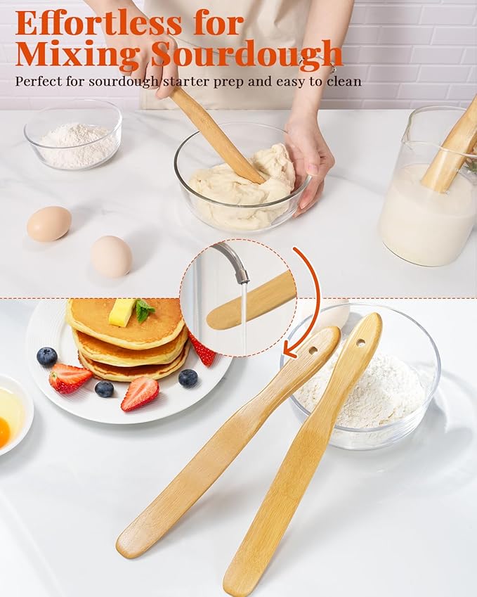 3Pcs Skinny Spurtle for Sourdough Starter, Wooden Spurtle Spatula for Cooking, Spreading, Reaching Bottom of Jar, Dough Whisk and Sour Dough Tools, Spurtles Kitchen Tools Wooden for Baking Lovers