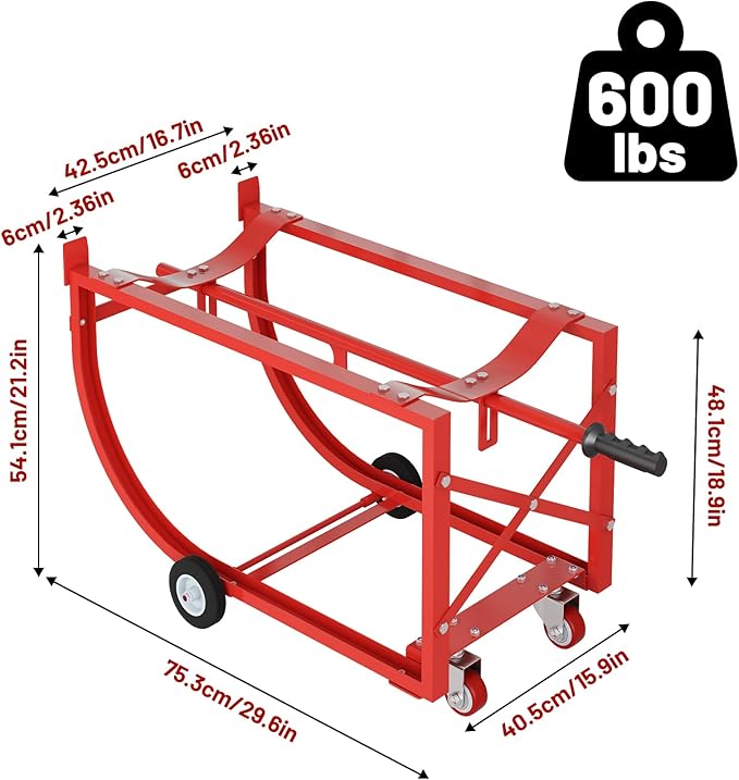 55 Gallon Drum Cradle, 600 lbs Capacity Steel Drum Dolly with Wheels, Drum Rack with Retractable Dump Bar, Movable Drum Handling Cradle for Factory, Workshop, Garage, Warehouse, Red