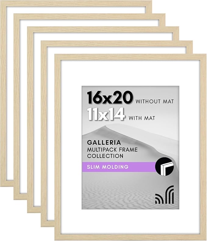 Americanflat 16x20 Picture Frame with Polished Plexiglass - Set of 5 - Use as 11x14 Frame with Mat or Display 16x20 Photo Without Mat - Galleria Collection - Picture Frames for Wall - Natural Oak