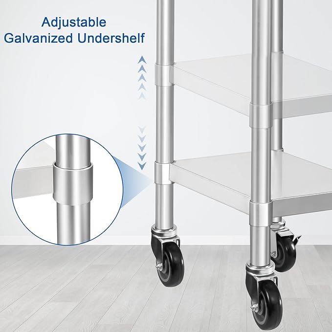 HARDURA Stainless Steel Commercial Table Prep & Work Table with Casters Heavy Duty Metal Table with Wheels NSF 430 24×12 Inches
