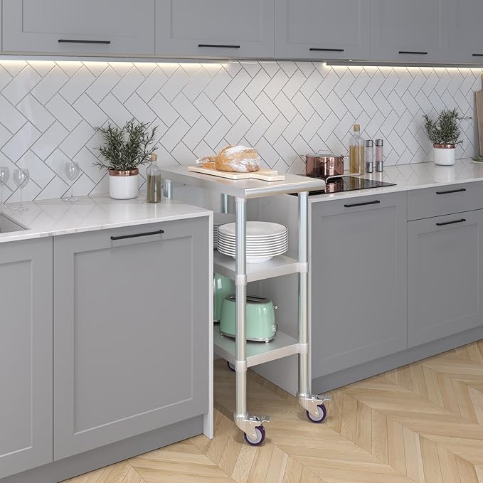 AmGood Stainless Steel Work Table with 2 Shelves and Casters | Metal Utility Table On Wheels (Stainless Steel Work Table with 2 Shelves + Casters, 15" Long x 30" Deep)
