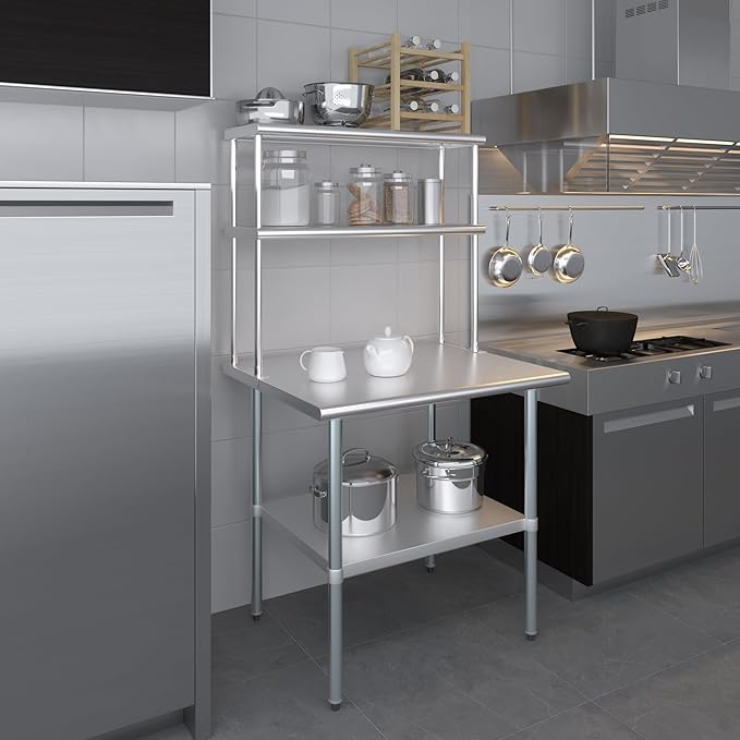 Amgood Stainless Steel Work Table Double Tier Overshelf 30" x 36" Work Table + 12" Overshelf