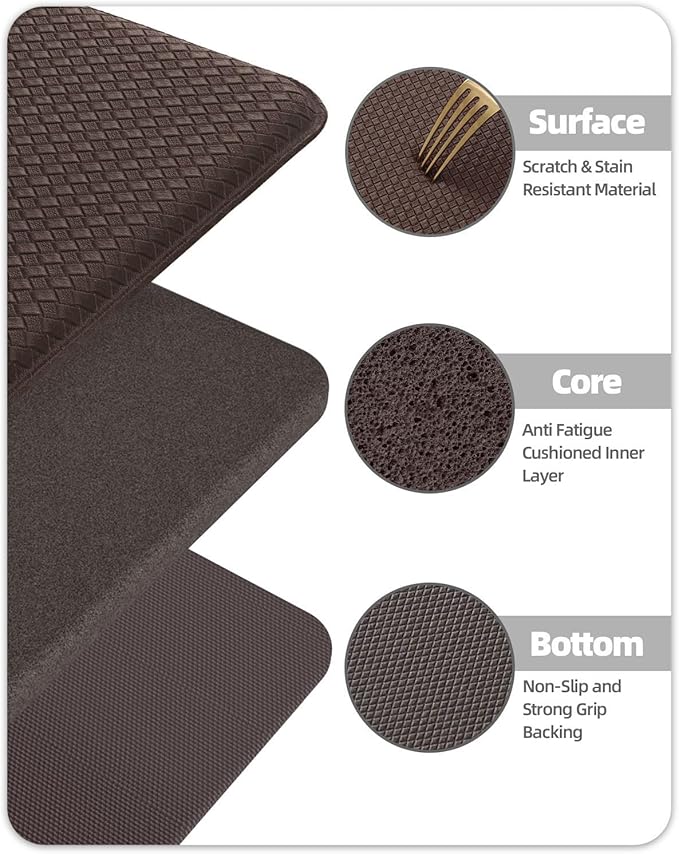Color&Geometry Anti Fatigue Cushion Padded Kitchen Mat for Floor - 17x29+17x59,Easy Clean, Waterproof & Oil Proof, Anti Slip, Foam Rubber Runner Rug for Front Sink Comfort Standing, Brown Set of 2