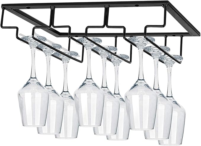 MOCOUM Wine Glasses Rack Under Cabinet Stemware Rack, Wine Glass Hanger Rack Wire Wine Glass Holder Storage Hanger for Cabinet Kitchen Bar (Black, 3 Rows 2 Pack)
