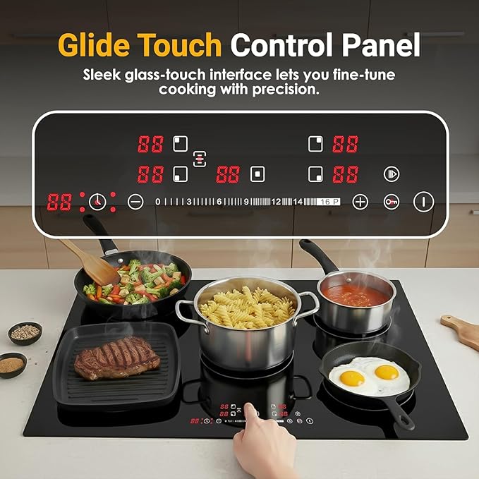 K&H 5 Burner Induction Cooktop - 31.5 Inch Built-In Electric Cermic Stove Top - 17 Heating Levels, 240V, 9200W High-Power Built-in Electric Stove Top - Child Lock, Timer & Touch Control - IN30-9200FLX