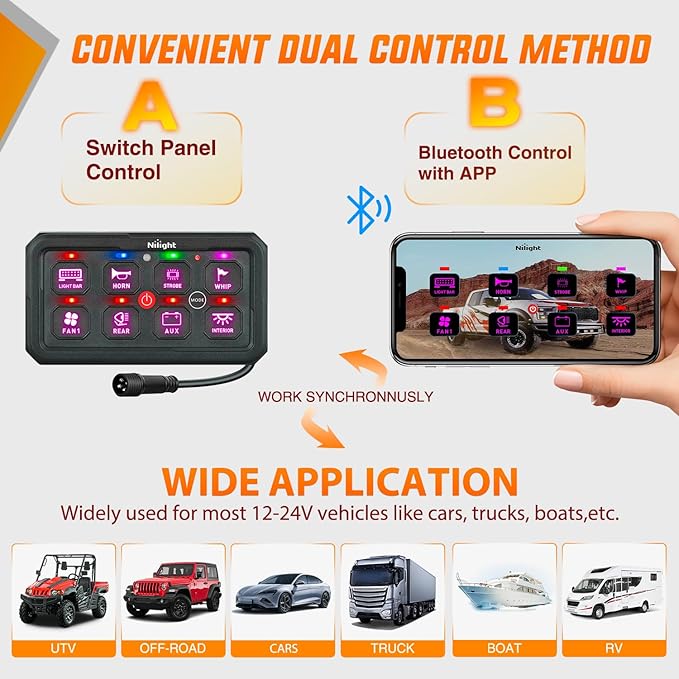 Nilight 8 Gang Switch Panel Circuit Control Relay System APP RGB Backlight Fuse Wiring Harness Toggle Momentary Strobe Flash Modes Automatic Dimmable 12V 24V for Car Truck Camper SUV