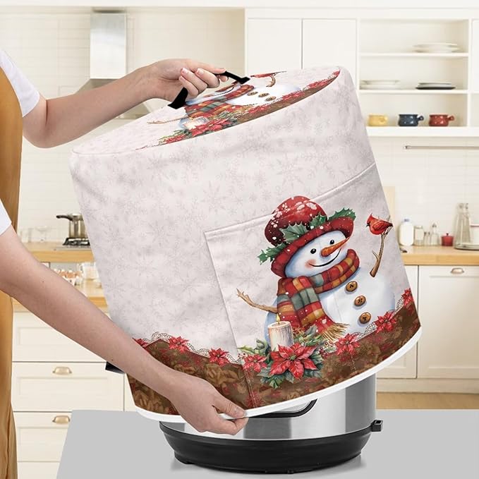 8 Quart Pressure Cooker Dust Cover with Top Handle and Storage Pocket Home Kitchen Decor Air Fryer Rice Cooker Stain-Resistant Cover Christmas Cute Snowman Print