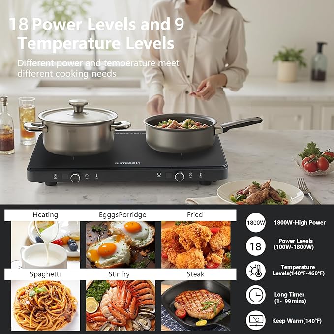 Double Induction Cooktop Continuous Low Power 9 Temperature Countertop Knob Control 1800W 18 Power 2 Electric Burner Sensor Touch Timer Stove